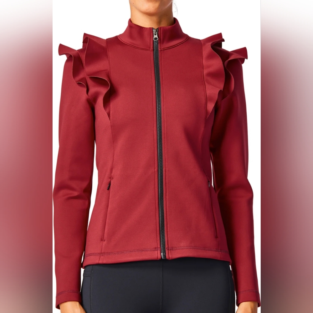 Women's Ruffle-Shoulder Zip Jacket - Burgundy